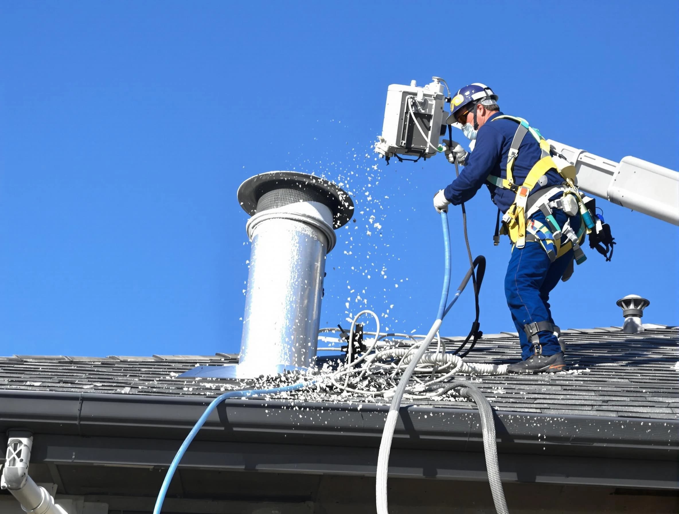 Chamberlayne Dryer Vent Cleaning certified technician safely cleaning a roof-mounted dryer vent in Chamberlayne