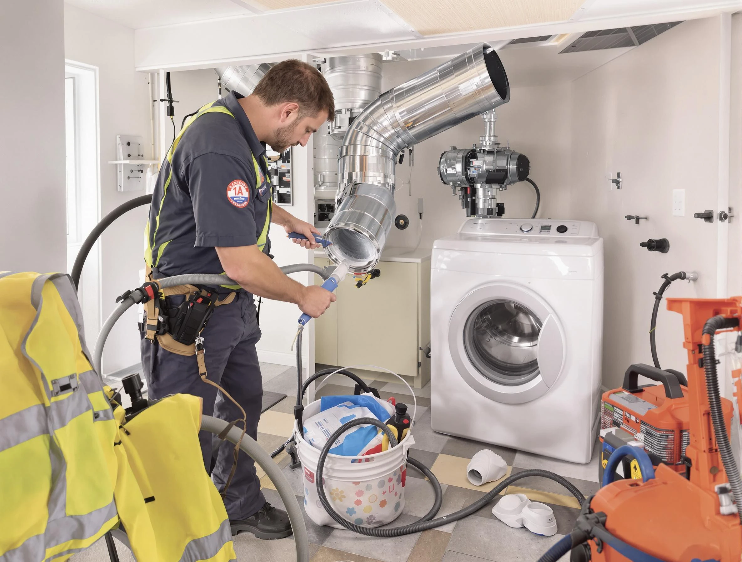 Chamberlayne Dryer Vent Cleaning technician using specialized equipment to clear severe dryer vent blockage in Chamberlayne