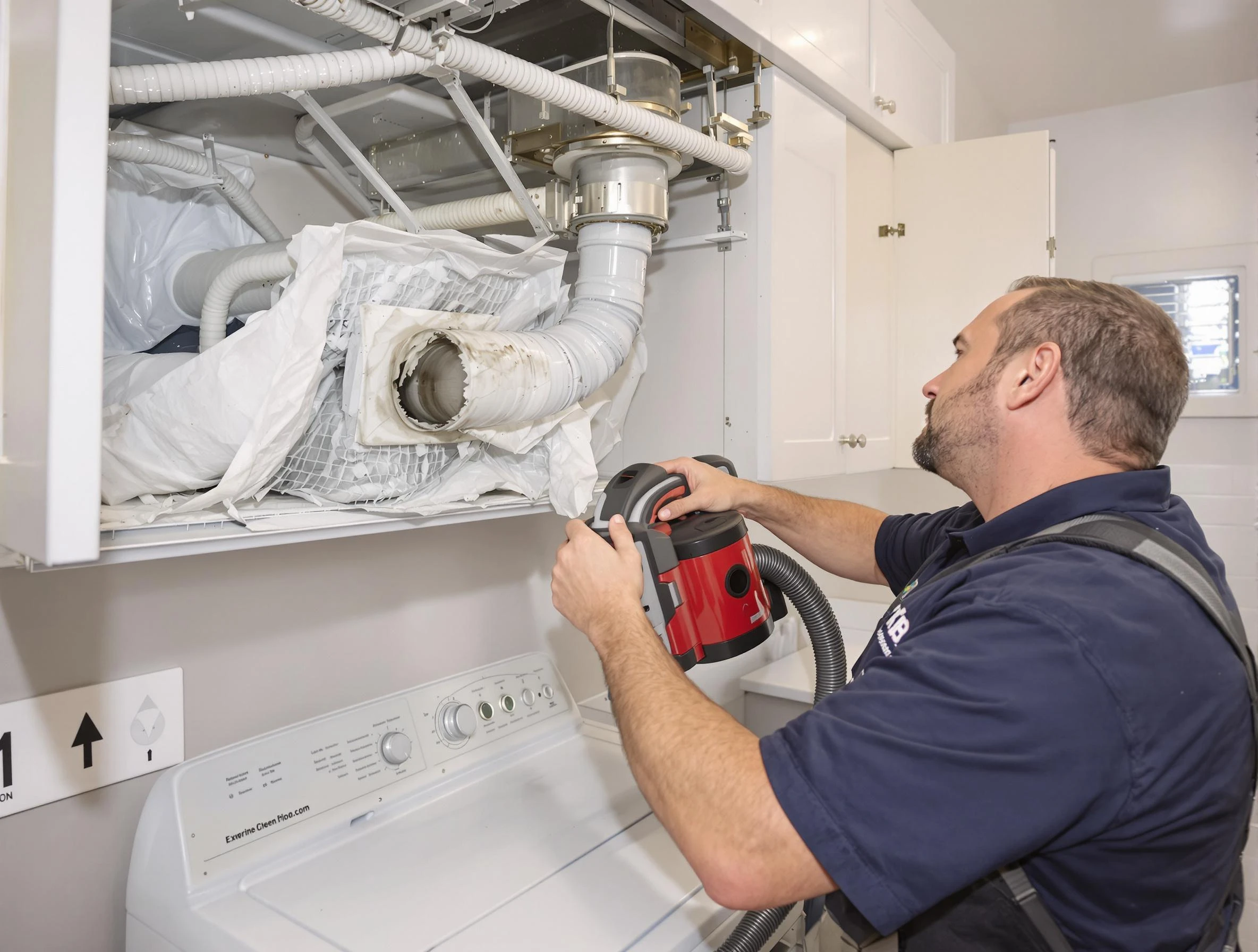 Chamberlayne Dryer Vent Cleaning technician performing professional exhaust vent cleaning at a residential property in Chamberlayne